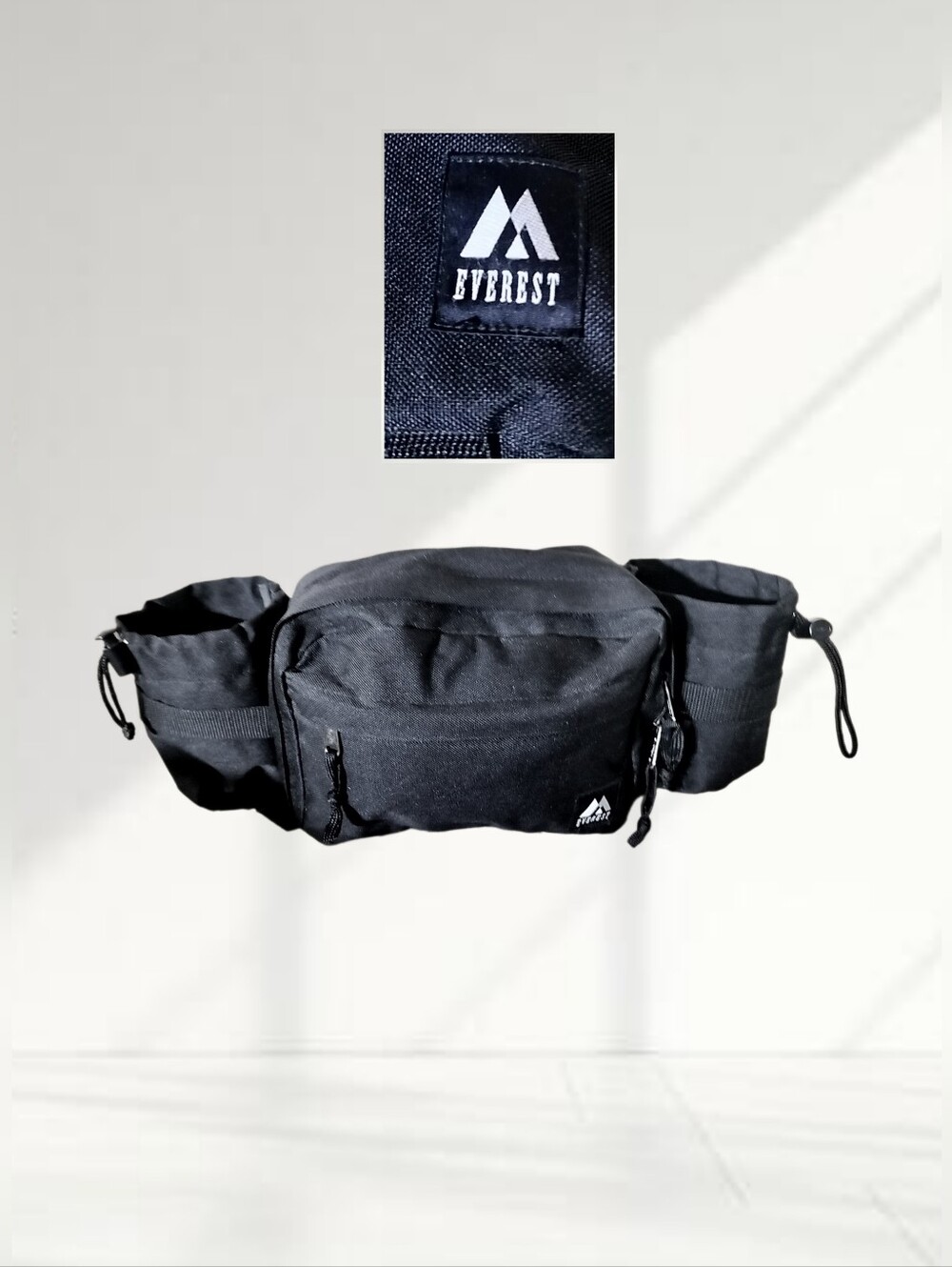 EVEREST Black 2 Pocket Lumbar Fanny Pack Hiking Bag Dual Bottle Holders & More